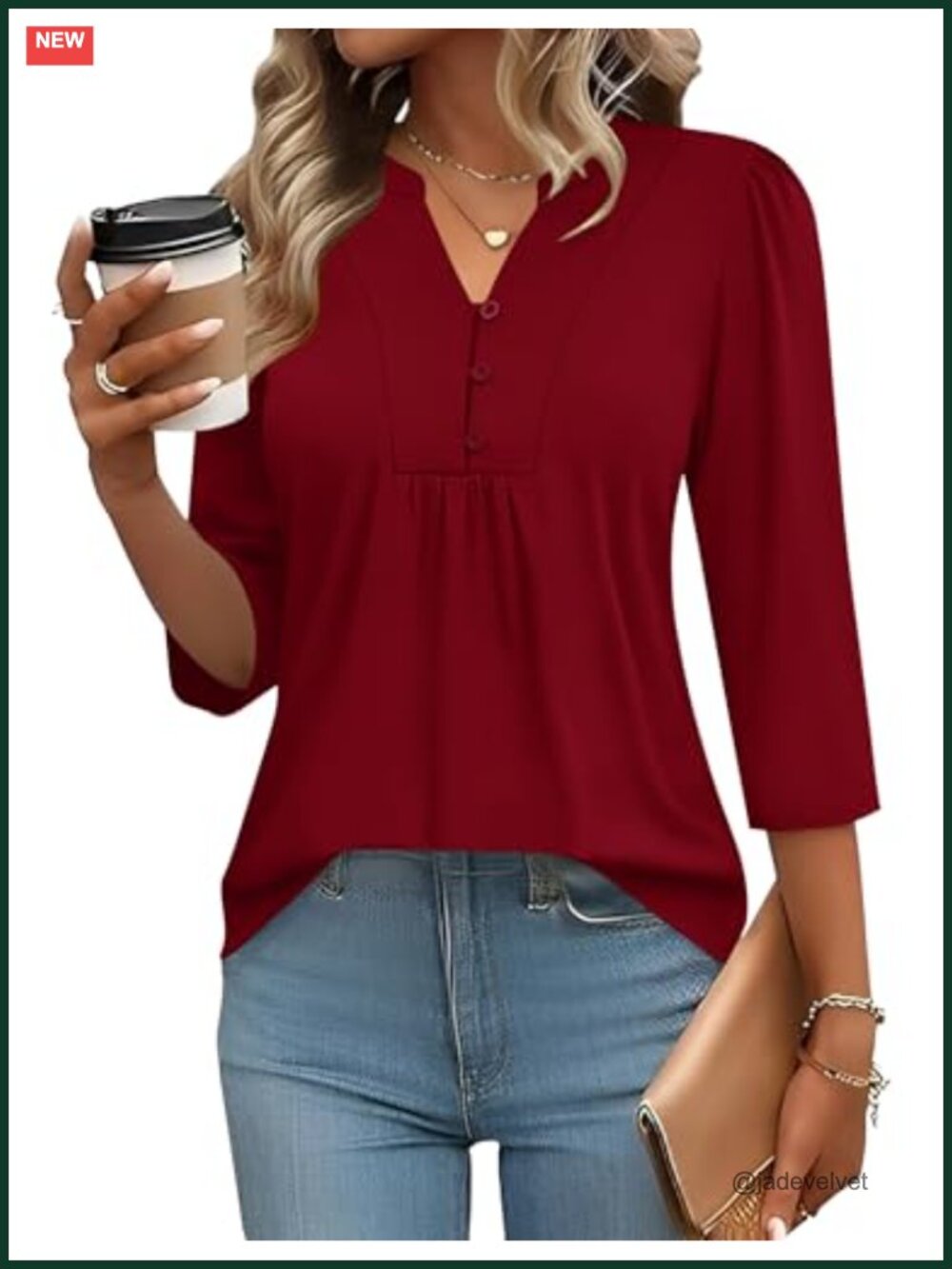 Womens Dressy Casual Blouse 3/4 Sleeve Henley V-Neck Blouse